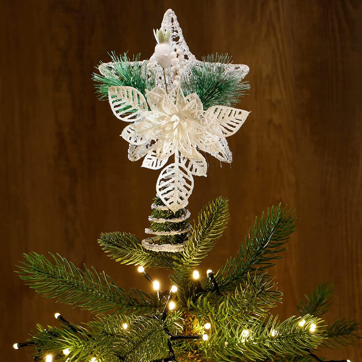 Decoratiester Kerstmis, kerstdecoratie metalen ster met decoratie, witte kerststerstandaard met dennennaald, bloem & bes