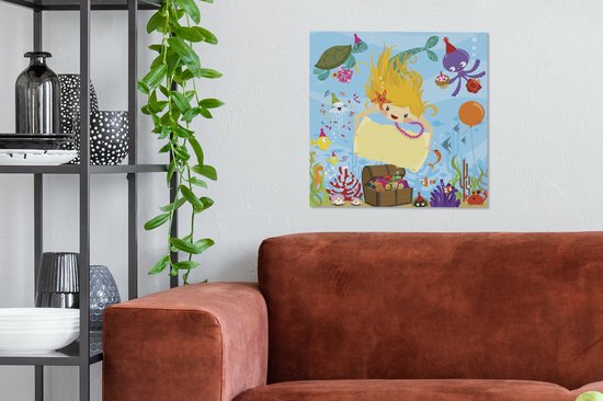 Illustration d'une sirène avec un coffre au trésor 50x50 cm - Tirage photo sur toile (Décoration murale salon / chambre) / Mer et plage
