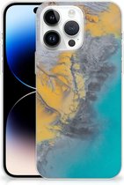 Leuk Hoesje Geschikt voor iPhone 14 Pro Max Telefoonhoesje Marble Blue Gold