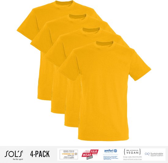4 Pack Sol's Heren T-Shirt 100% biologisch katoen Ronde hals Geel Maat XXL