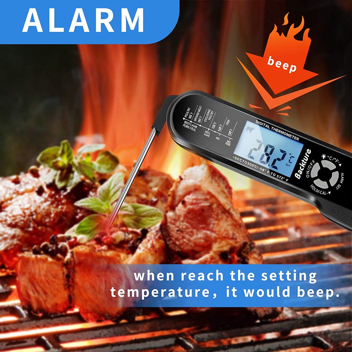 Thermomètre à Barbecue Numérique Ultranatura TM-50 - Sans Fil, 8 Programmes, Sonde Jusqu'à 450°C