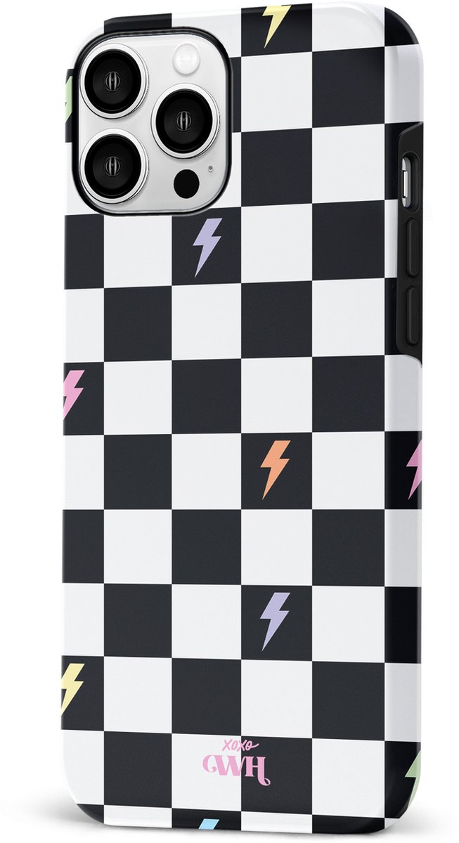 xoxo Wildhearts Thunderstruck - Double Layer - Hard Case geschikt voor iPhone 13 Pro hoesje - Bliksem hoesje - Dames hoesje geschikt voor iPhone 13 Pro hoesje - Case geschikt voor iPhone 13 Pro hoesje - beschermhoes - geblokt - zwart / wit
