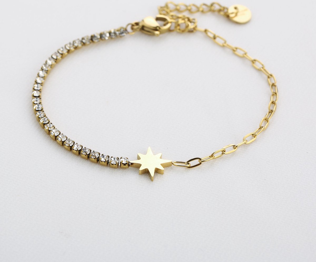 Minimalistische armband met steentjes - Yehwang - Gouden armband - Stainless Steel armband dames (verkleurt niet!) - Goud - Armband - Waterproof - 16 + 3 cm - Kerst sieraden - Kerst - Party - Sinterklaas - Moederdag - Valentijn - Cadeau - Armbanden