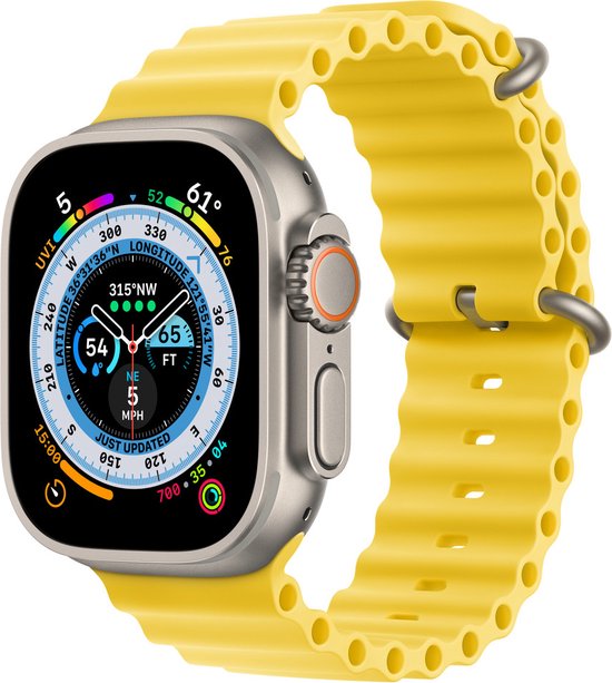 Smartwatchbandje Ocean By Ossora - Geel - Geschikt voor Apple Watch bandje 42 / 44 / 45 / Ultra / 49mm - elastomeer bandje - Apple Watch Ultra Ocean