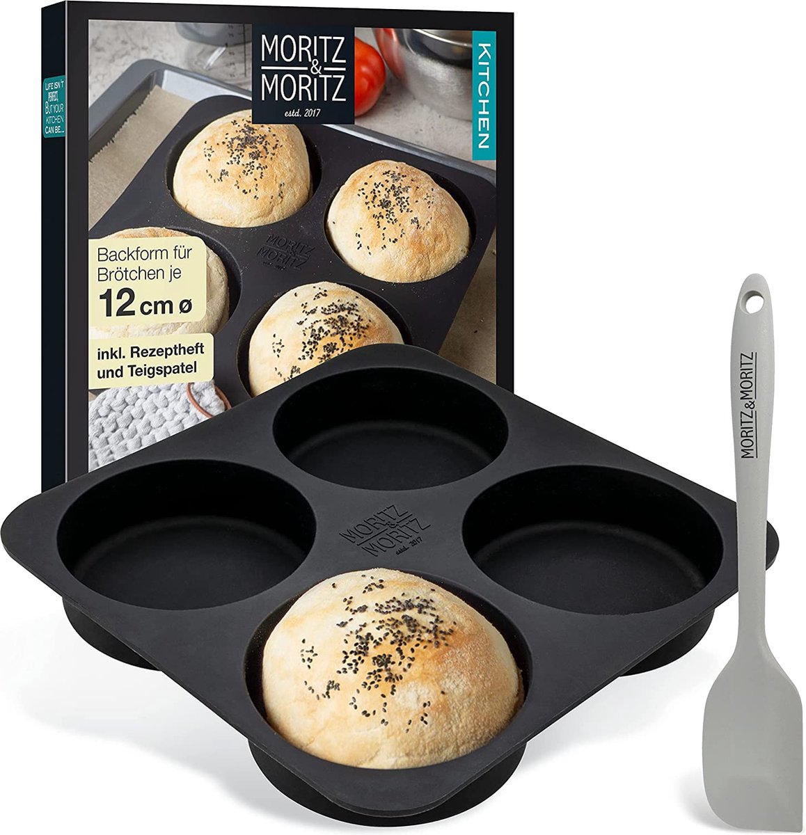 Moritz & Moritz Burger Buns bakvorm silicone rond 12 cm Ø - voor brood, hamburgers buns en XXL muffins - incl. deegschraper en receptenboekje