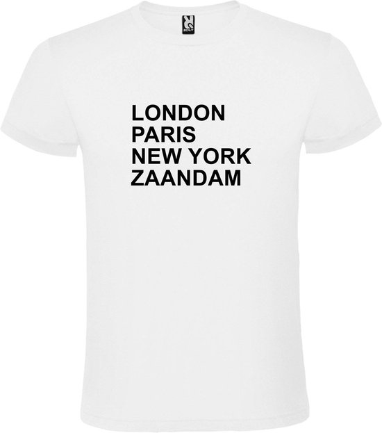 Wit T-shirt 'LONDON, PARIS, NEW YORK, ZAANDAM' Zwart Maat M