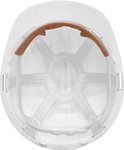 Binnenzijde van een witte helm met bruine zweetband en een wit verstelbaar binnenwerk.
