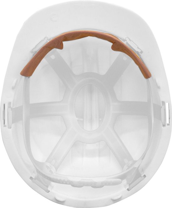 Binnenzijde van een witte helm met bruine zweetband en een wit verstelbaar binnenwerk.