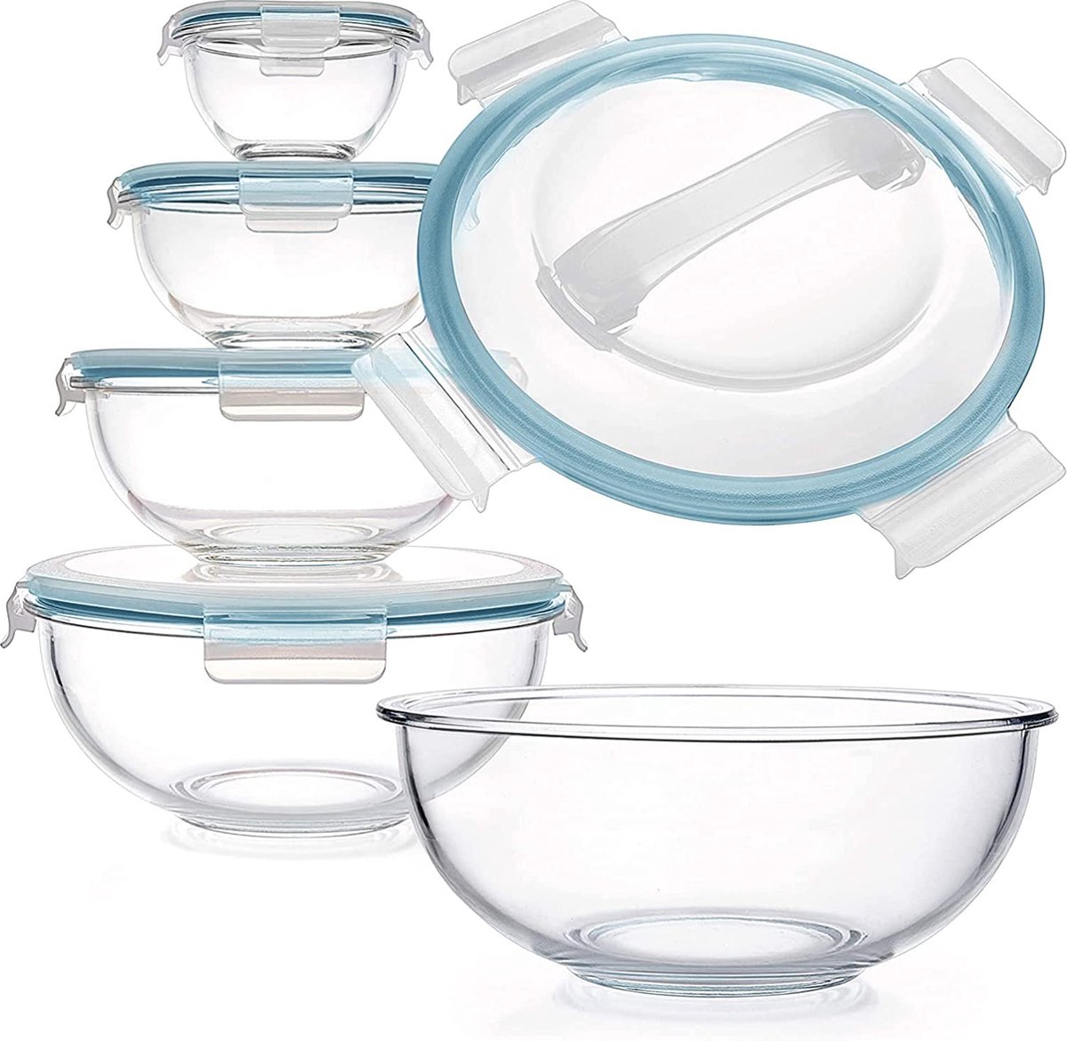 Luvan Glazen Mengkommen Set van 5 Glazen Kommen Met Deksels, Ruimtebesparende Nesting Kommen Antislip Salade Kommen BPA-vrij voor het Combineren van Opslag Koken
