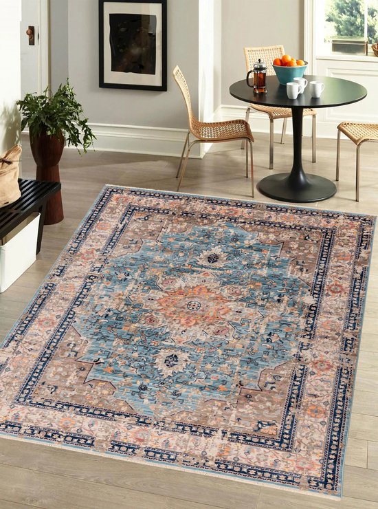 INOVADAY Machinewasbare Tapijten 240x300 cm Vintage Boho Vloerkleed Laagpolig Antislip Tapijt met Print Patroon voor Woonkamer Slaapkamer Huiskontoor Binnenhuis Blauw/Grijs