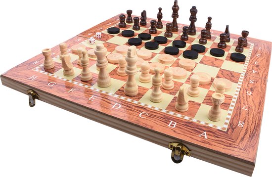 Thumbnail van een extra afbeelding van het spel 3-in-1 Bordspel - 24 cm - Schaakbord - Dambord - Backgammon - Schaakspel - Schaakset - Schaken - Dammen - Met Schaakstukken - Chess - Hout - Opklapbaar
