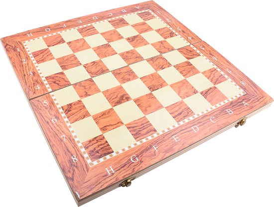 Thumbnail van een extra afbeelding van het spel 3-in-1 Bordspel - 24 cm - Schaakbord - Dambord - Backgammon - Schaakspel - Schaakset - Schaken - Dammen - Met Schaakstukken - Chess - Hout - Opklapbaar