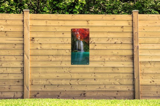 Poster de jardin Cascade - arbre - Rouge - Automne - Water - 40x80 cm - Décoration murale Outdoor - Poster de jardin - Toile de jardin - Poster de clôture - Tableau de jardin