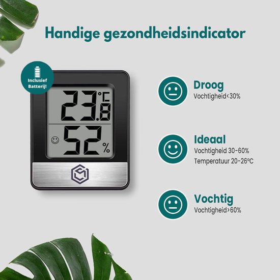 Zwarte thermometer die "Droog", "Ideaal" en "Vochtig" aangeeft met een index.