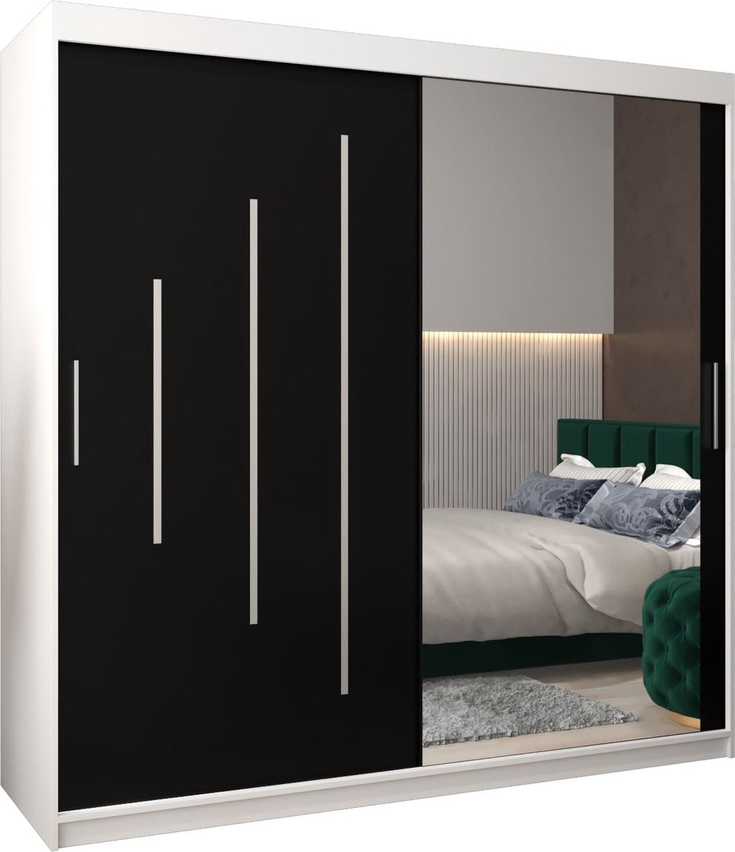 InspireME Kledingkast met 2 schuifdeuren, Modern-stijl, Een kledingkast met planken en een spiegel (BxHxD): 200x200x62 - MALTESE II 200 Wit Mat