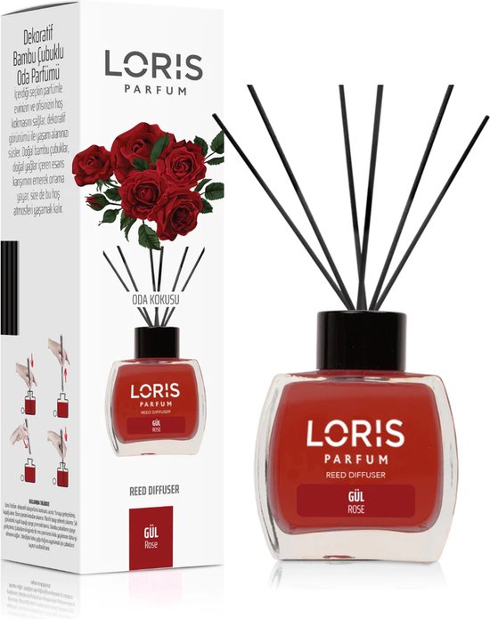 Loris Parfum - Rose Rose - Parfums d'intérieur - Bâtons parfumés Flacon design 120 ml avec bâtonnets en fibre noire