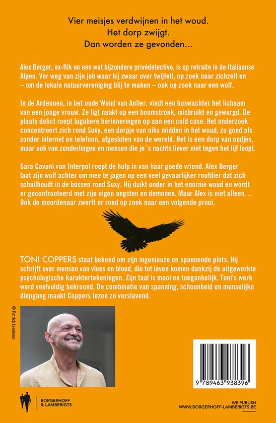 Boekomslag Alex Berger 3 - Offer, met tekst, een illustratie van een vliegende kraai en een portret van Toni Coppers.