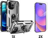 Casemania Hoesje Geschikt voor Apple iPhone 14 Pro Max Grijs & 2X Glazen Screenprotector - Anti-Shock Hybrid Armor met Kickstand Ring