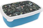 Broodtrommel Blauw - Lunchbox - Brooddoos - Bloemen - Toekan - Bladeren - 18x12x6 cm - Kinderen - Jongen