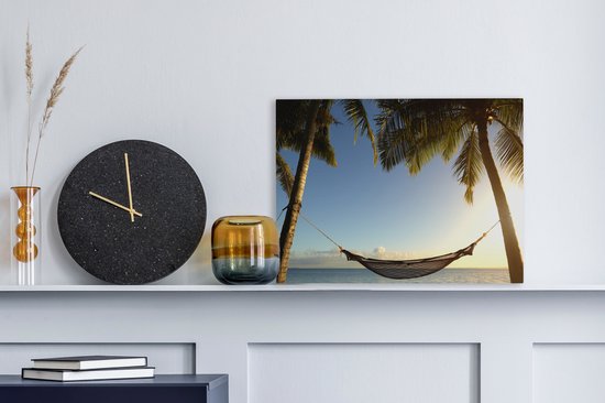 Hamac entre palmiers plage tropicale Toile 30x20 cm - petit - Tirage photo sur toile (Décoration murale salon / chambre) / Mer et plage