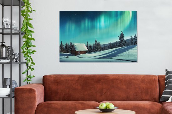 Tableau sur toile Aurores boréales - Neige - Maison - Hiver - 120x80 cm - Décoration murale