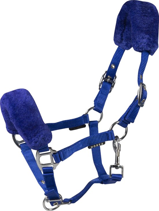 Blauw halster met zilverkleurige gespen en imitatiebont, merk Horka.