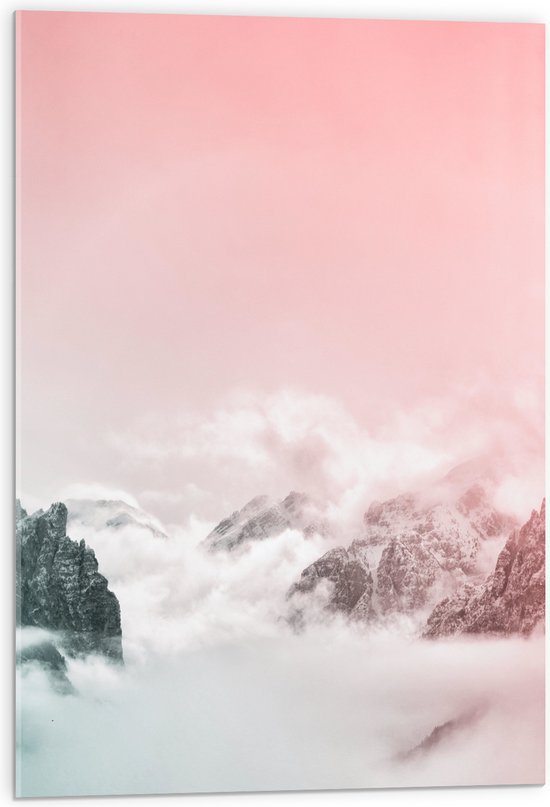 WallClassics - Acrylglas - Roze Lucht boven Wolken en Bergen - 50x75 cm Foto op Acrylglas (Met Ophangsysteem)