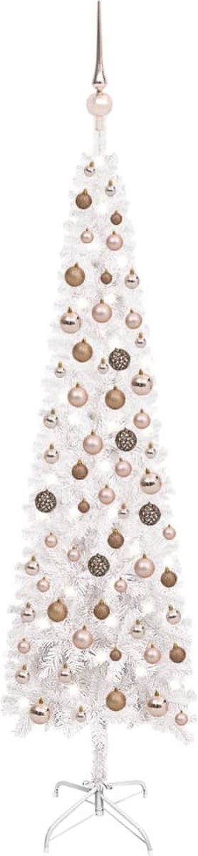 Prolenta Premium - Kerstboom met LED's en kerstballen smal 150 cm wit