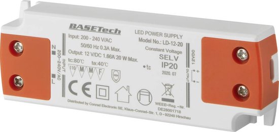 Basetech LD-12-20 LED-transformator Constante spanning 20 W 1.66 A Geschikt voor meubels, Overspanning, Montage op ontv