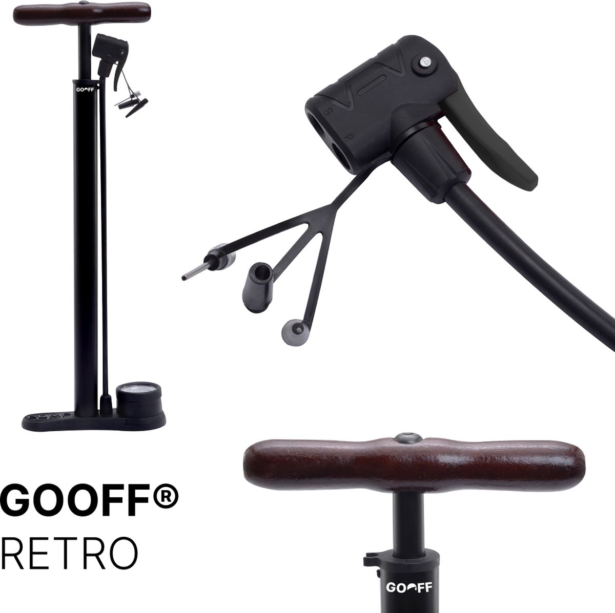 GOOFF® voetpomp RETRO - houten handvat - fietspomp met drukmeter voor alle ventielen