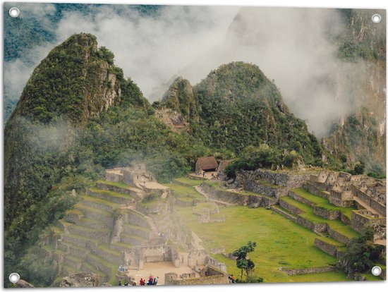 WallClassics - Tuinposter – Machu Pichu vanuit de Lucht - 80x60 cm Foto op Tuinposter  (wanddecoratie voor buiten en binnen)