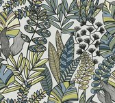 BLADEREN BEHANG | Botanisch - blauw groen zwart wit - A.S. Création Antigua