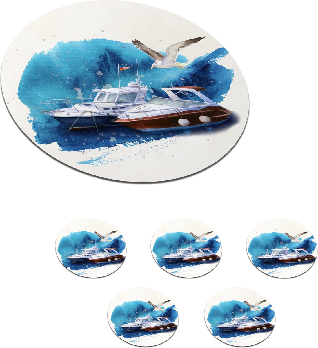 Onderzetters voor glazen - Rond - Boot - Vogel - Waterverf - 10x10 cm - Glasonderzetters - 6 stuks