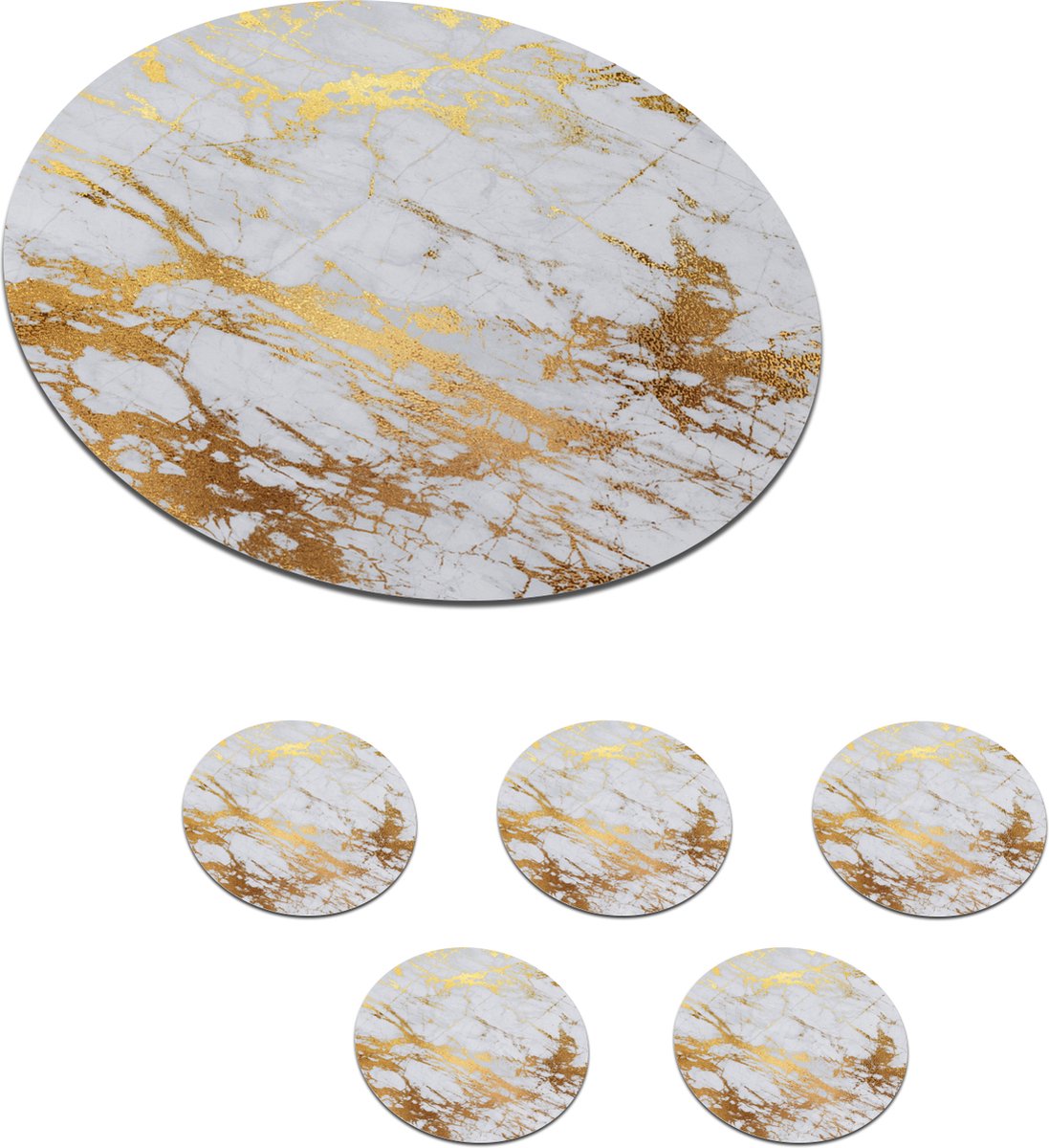 Onderzetters voor glazen - Rond - Marmer - Goud - Wit - 10x10 cm - Glasonderzetters - 6 stuks