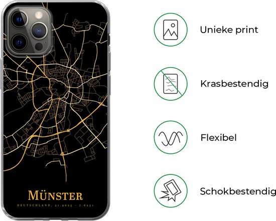 Coque iPhone 12 Pro - Münster - Carte - Or - Coque de téléphone en Siliconen