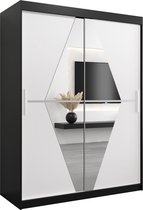 InspireMe - Kledingkast met 2 schuifdeuren, Modern-stijl, Een kledingkast met planken en een spiegel (BxHxD): 150x200x62 - BOLA 150 Zwart Mat + Wit Mat met 2 lades