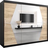 InspireMe - Armoire avec 3 portes coulissantes, Style moderne, Une armoire avec des étagères et un miroir (LxHxP): 250x200x62 - BOLA 250 Zwart Mat + Chêne Sonoma avec 4 tiroirs