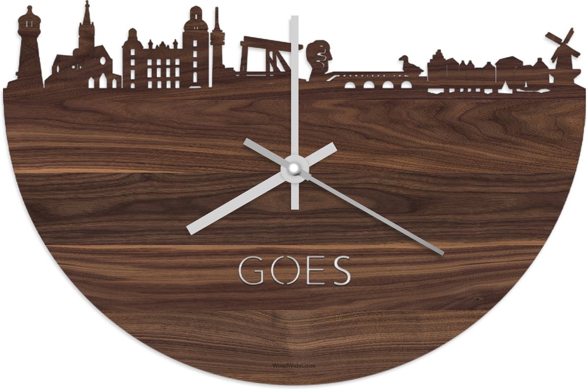 Skyline Klok Goes Notenhout - Ø 40 cm - Stil uurwerk - Wanddecoratie - Meer steden beschikbaar - Woonkamer idee - Woondecoratie - City Art - Steden kunst - Cadeau voor hem - Cadeau voor haar - Jubileum - Trouwerij - Housewarming - WoodWideCities