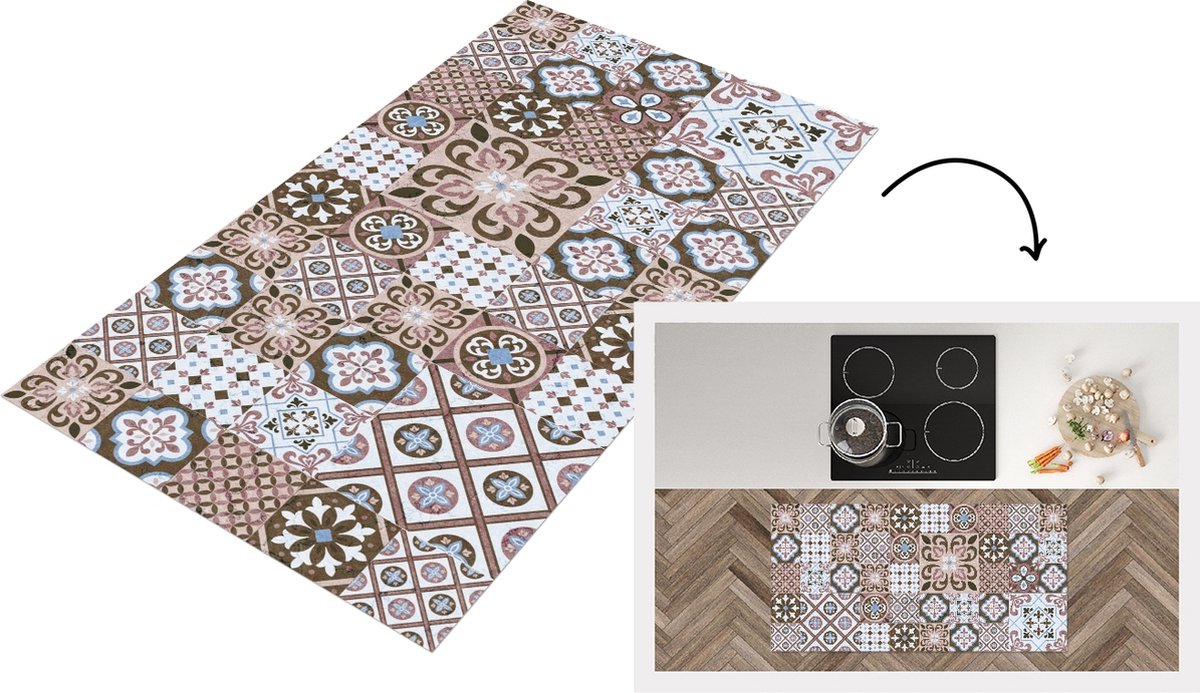 KitchenYeah Keukenloper - Loper keuken - Patronen - Vintage - Bruin - Bloemen - vormen - 120x60 cm - Keukenloper vinyl Multicolor