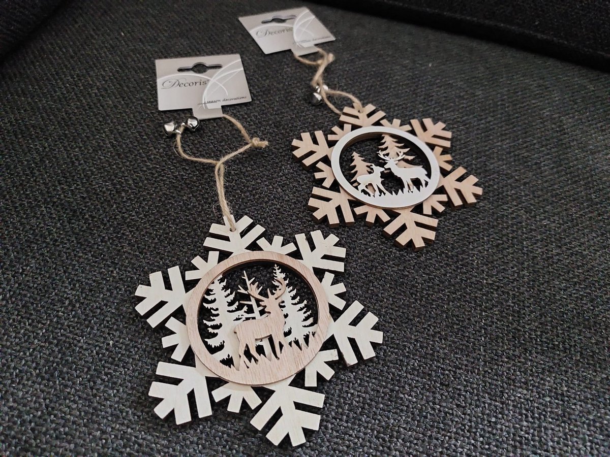 Houten Kersthangers - Set van 2 - Rendieren - Kerstboomdecoratie met Belletjes - Sneeuwvlok