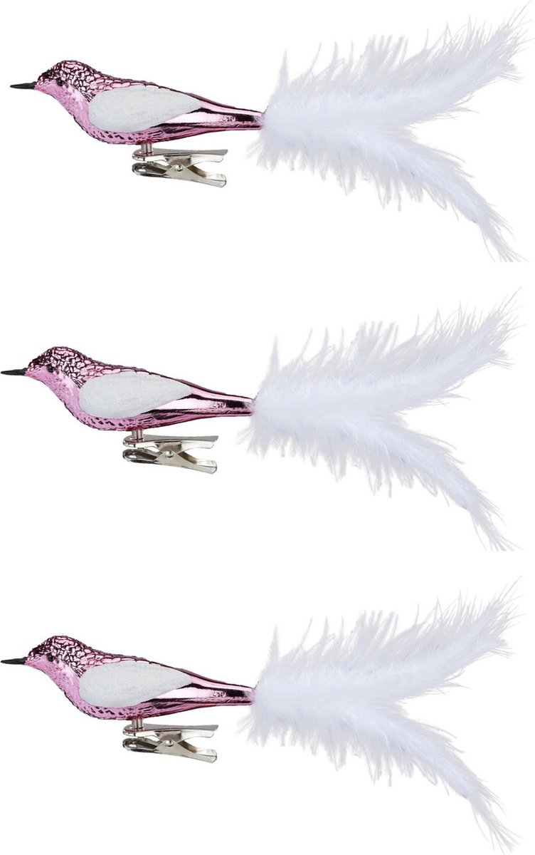 Inge Glas kerst decoratie vogels - 3x stuks - op clip - van glas - roze - 20 cm - kerstversiering - kerstboom