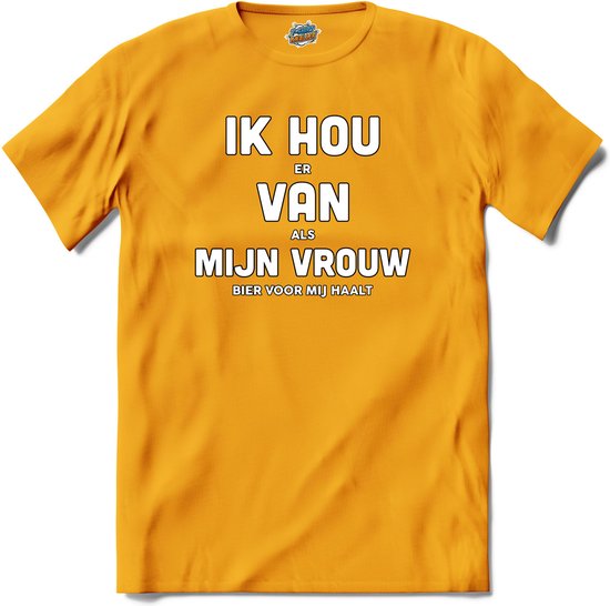 Ik hou van mijn vrouw - Bier kleding cadeau -  bierpakket kado idee - grappige drank feest teksten en zinnen - T-Shirt - Heren - Geel - Maat XXL