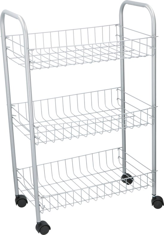 Foto: Grijze stevige opberg trolley roltafel met 3 manden 60 cm etagewagentje karretje met opbergkratten