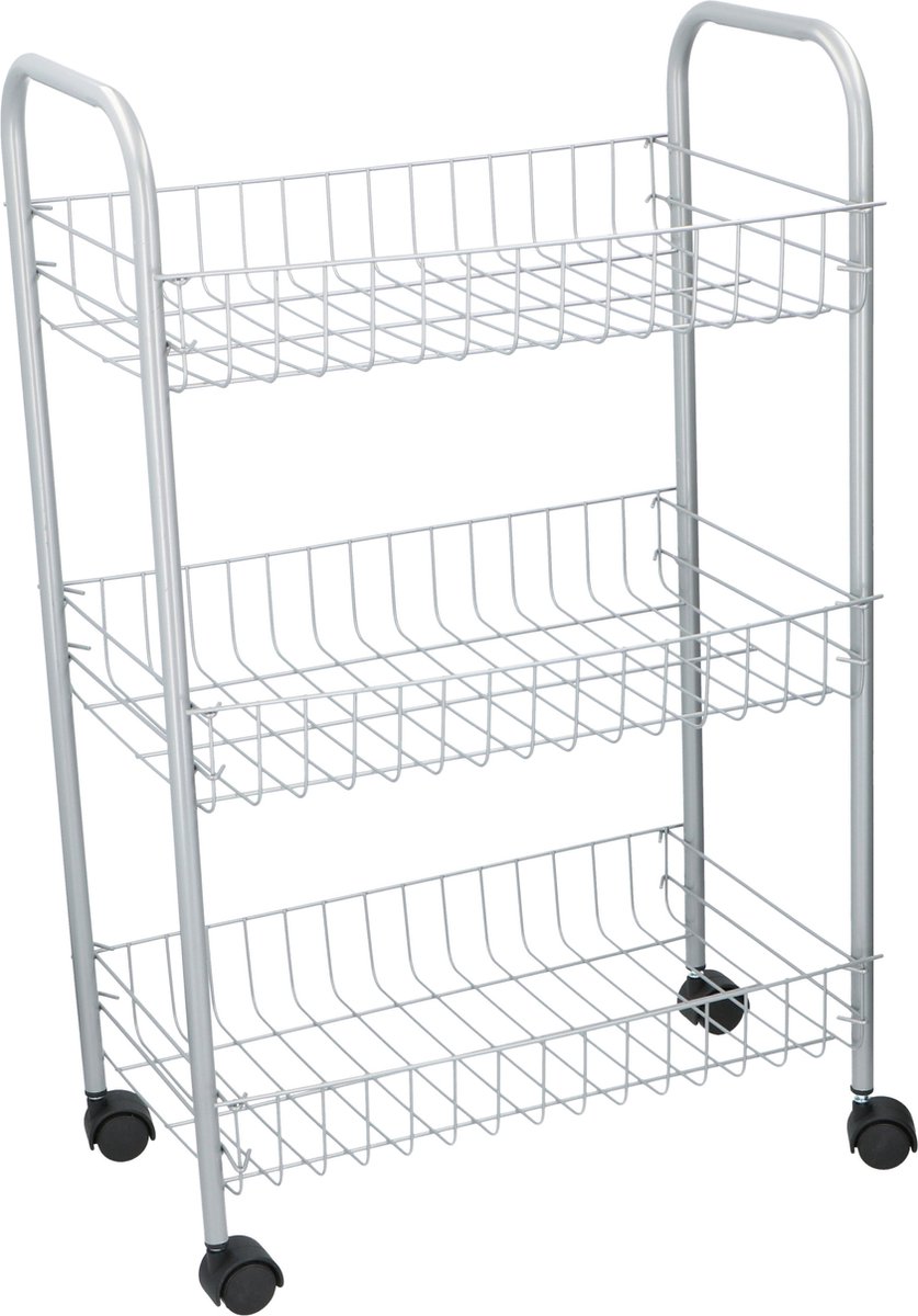Grijze stevige opberg trolley/roltafel met 3 manden 60 cm - Etagewagentje/karretje met opbergkratten