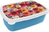 Broodtrommel Blauw - Lunchbox - Brooddoos - Bloemen - Kleuren - Gerbera - Rozen - 18x12x6 cm - Kinderen - Jongen