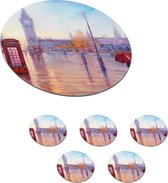 Onderzetters voor glazen - Rond - Schilderij - Olieverf - Londen - Telefoon - 10x10 cm - Glasonderzetters - 6 stuks