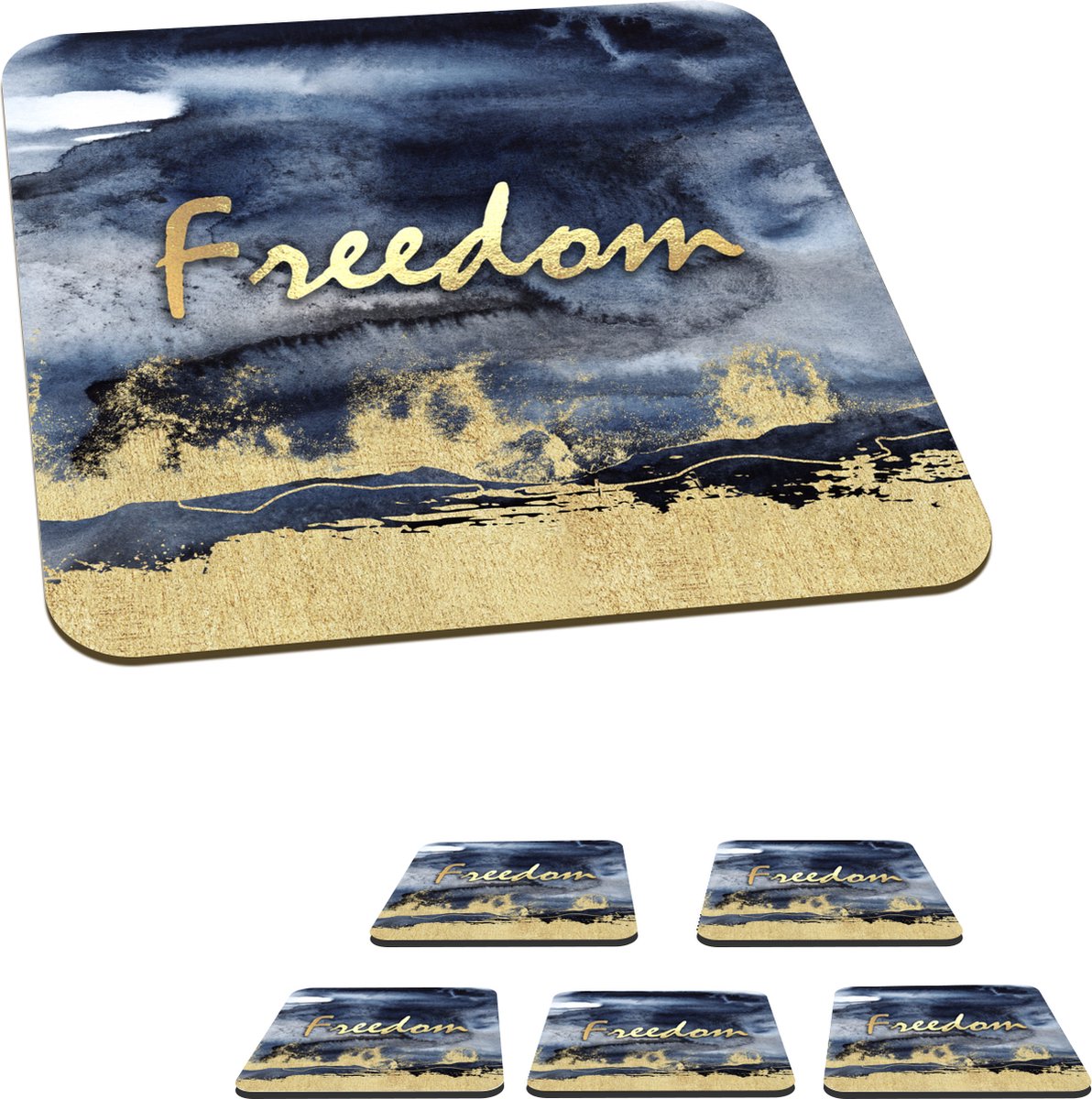 Onderzetters voor glazen - Quote - Vrijheid - Goud - Zwart - 10x10 cm - Glasonderzetters - 6 stuks