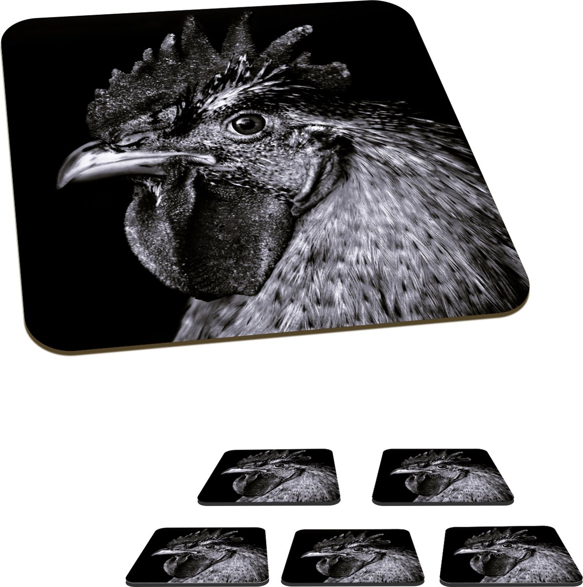 Onderzetters voor glazen - Haan - Vogel - Zwart - Wit - 10x10 cm - Glasonderzetters - 6 stuks
