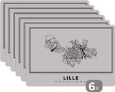 Set de Table - Napperons Plastique - Lille - Carte - Zwart Wit - Plan de Ville - Carte - 45x30 cm - 6 pièces - Résistant à la Chaleur - Antidérapant - Coussinet - Amovible