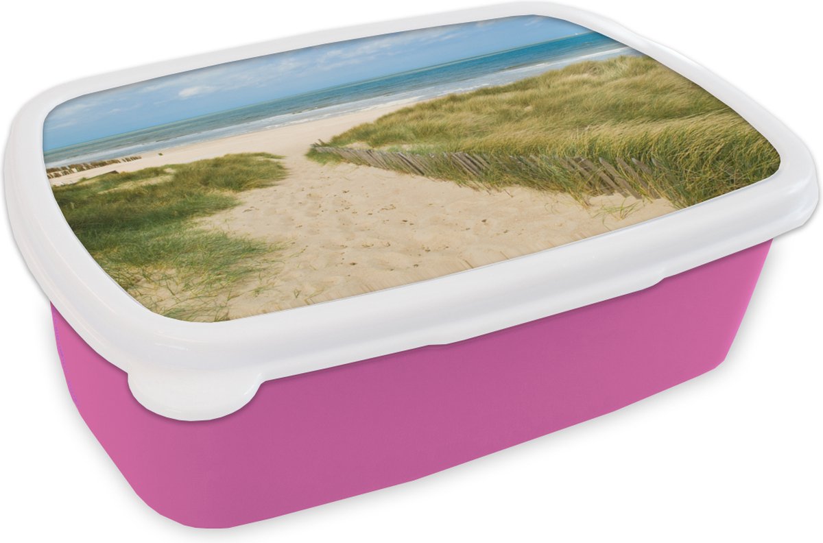 Broodtrommel Roze - Lunchbox - Brooddoos - Strand - Zee - Duin - België - 18x12x6 cm - Kinderen - Meisje